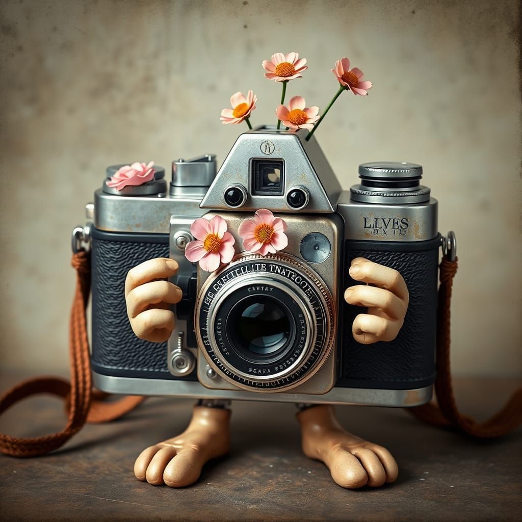 Anthropomorphic Camera Taking Selfies with Flowers
