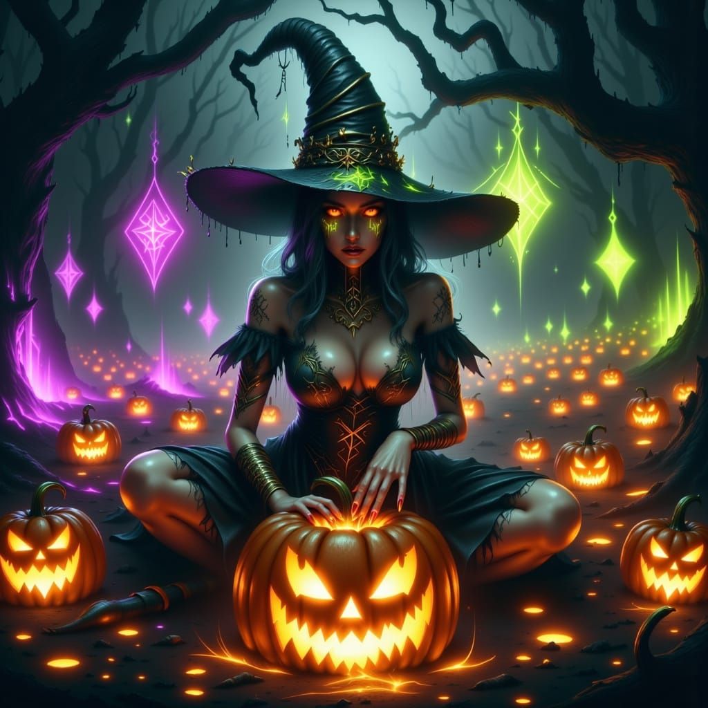 <lora:Eclipse Flux:1.0> <lora:Glowing Flex Runes:1.0> Halloween witch in a pumpkin patch surrounded by floating purple, ...
