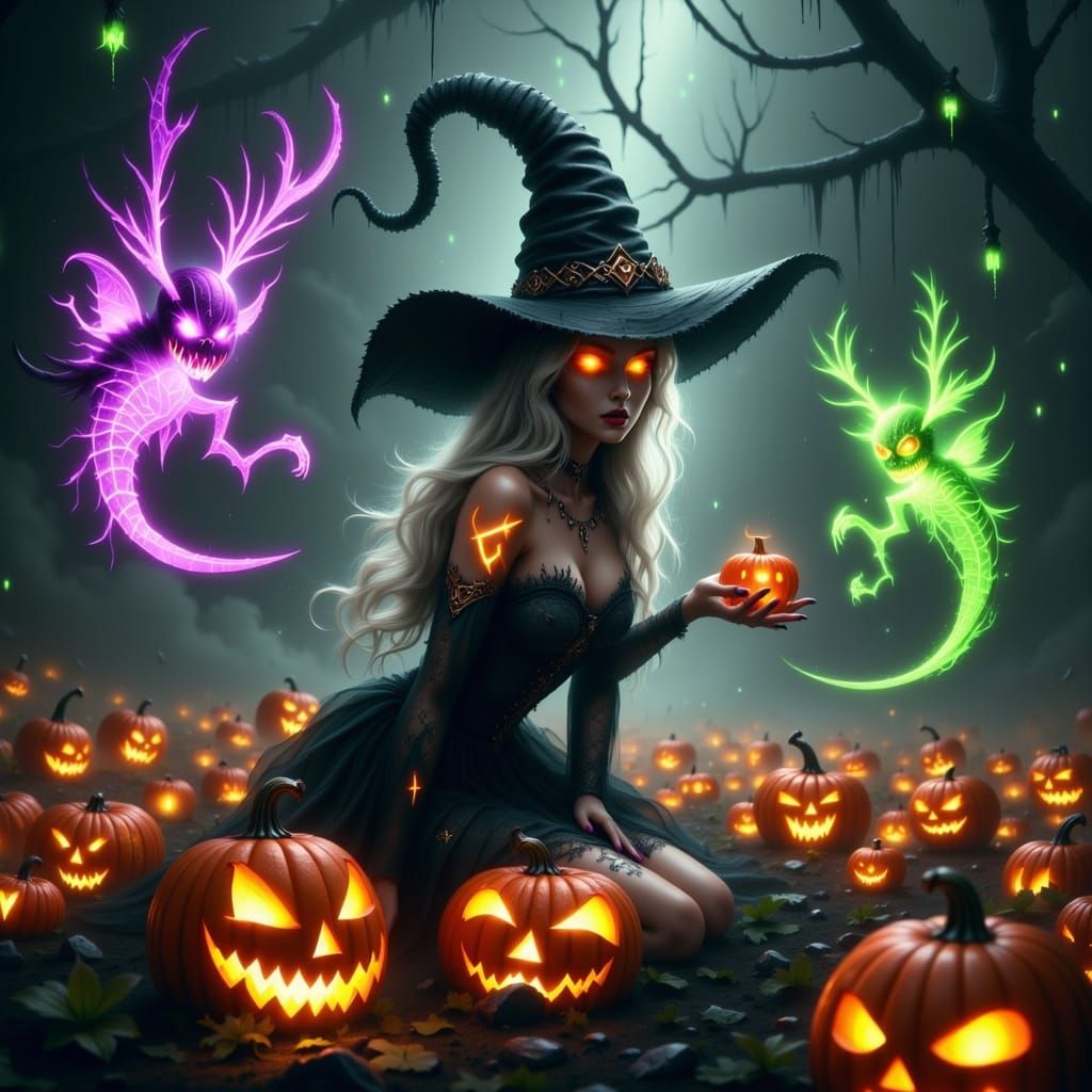 <lora:Eclipse Flux:1.0> <lora:Glowing Flex Runes:1.0> Halloween witch in a pumpkin patch surrounded by floating purple, ...