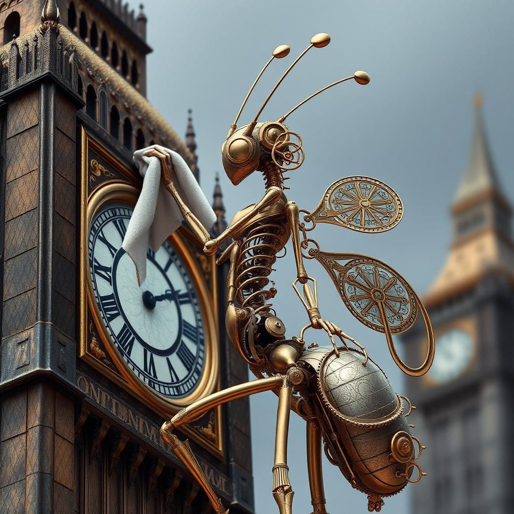 Steampunk Clockwork Creature Cleans Big Ben Face