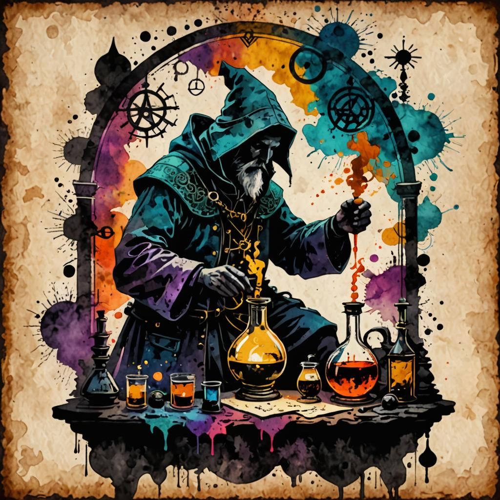 Mysterious Alchemist Silhouette in Watercolour Style