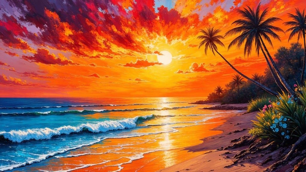 Vibrant Impasto Sunset on Deserted Tropical Beach