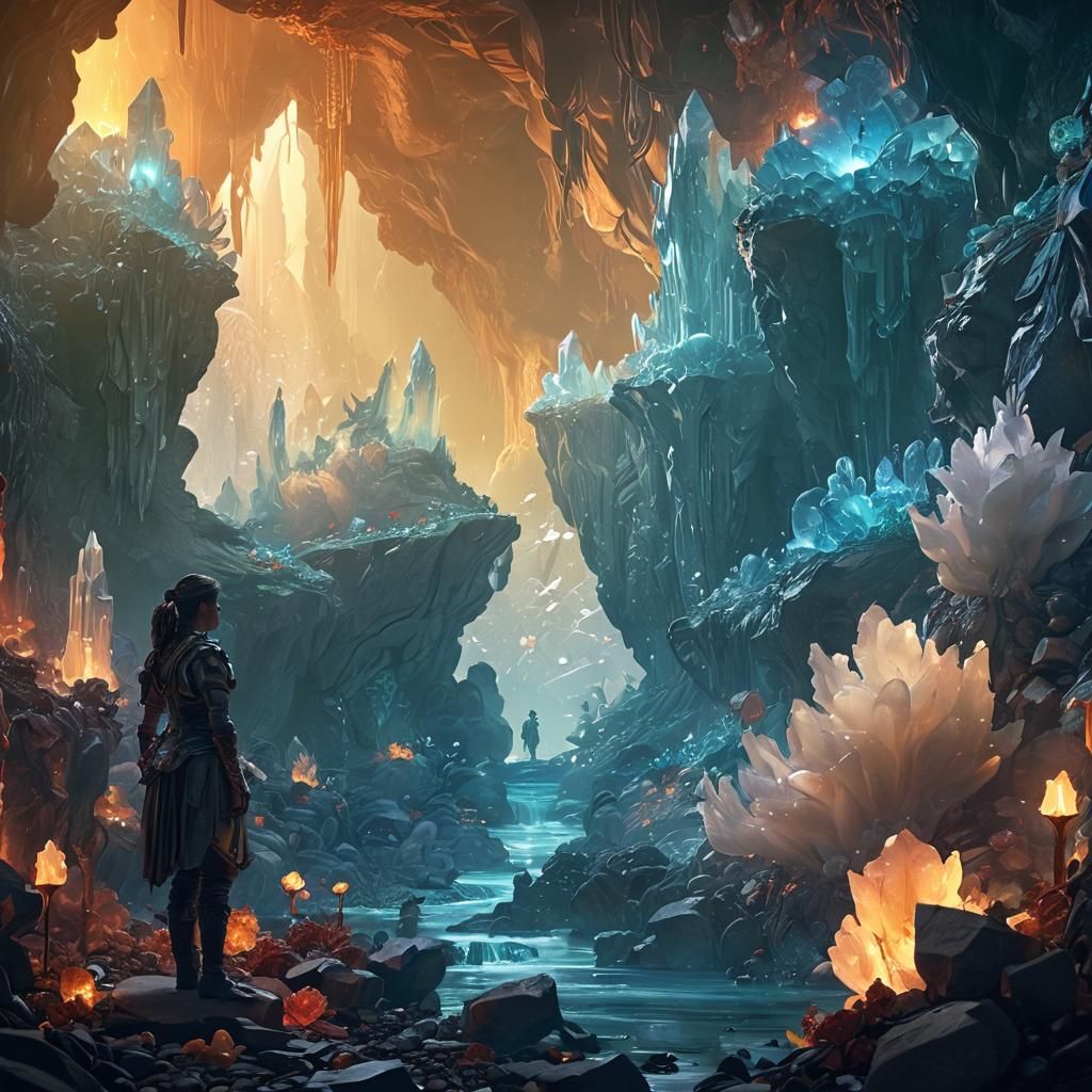 Adventurer in Crystal Cavern with Fantasy Treasures