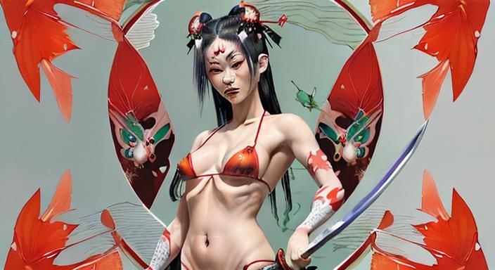 samurai woman in red reflective micro bikini Luna moth ears