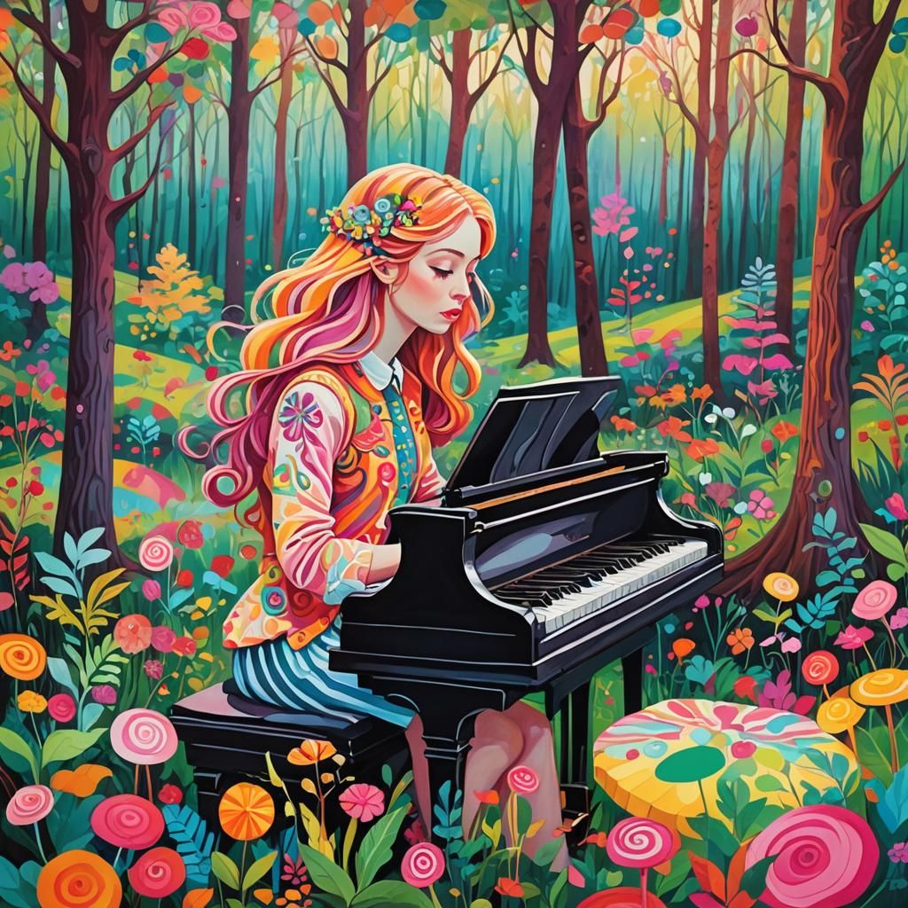 Woman Plays Piano in Candyland Forest Gouache