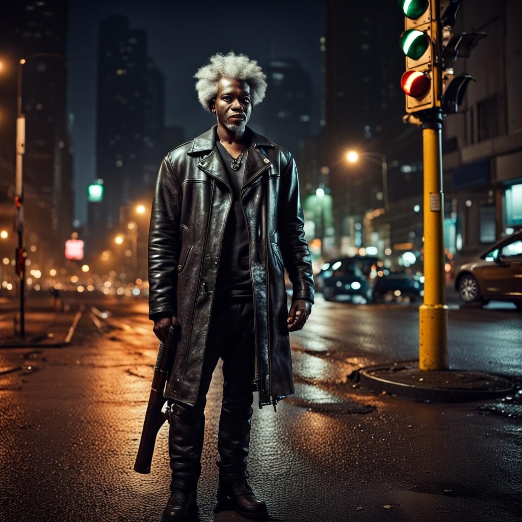 Hyperrealistic Black Man with Shotgun in City at Night