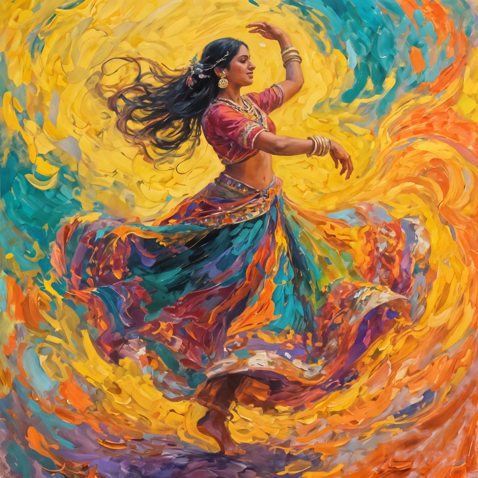 Expressionistic Indian Dancer Oil Painting in Impasto Style