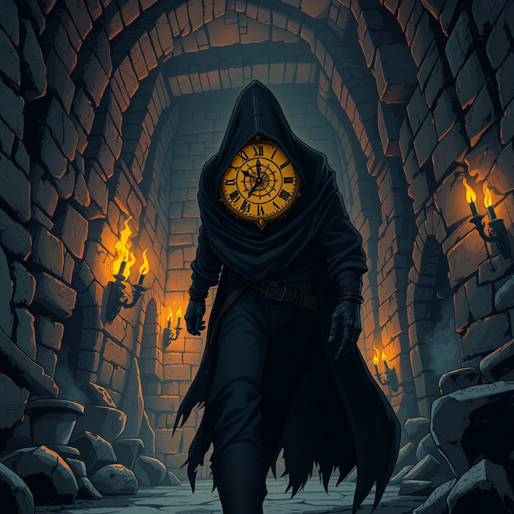 Clock-Faced Figure in Underground Labyrinth, Manga Style