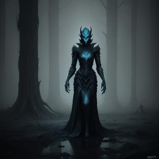 Eerie Dark Fantasy Figure in Monochromatic Gothic Art