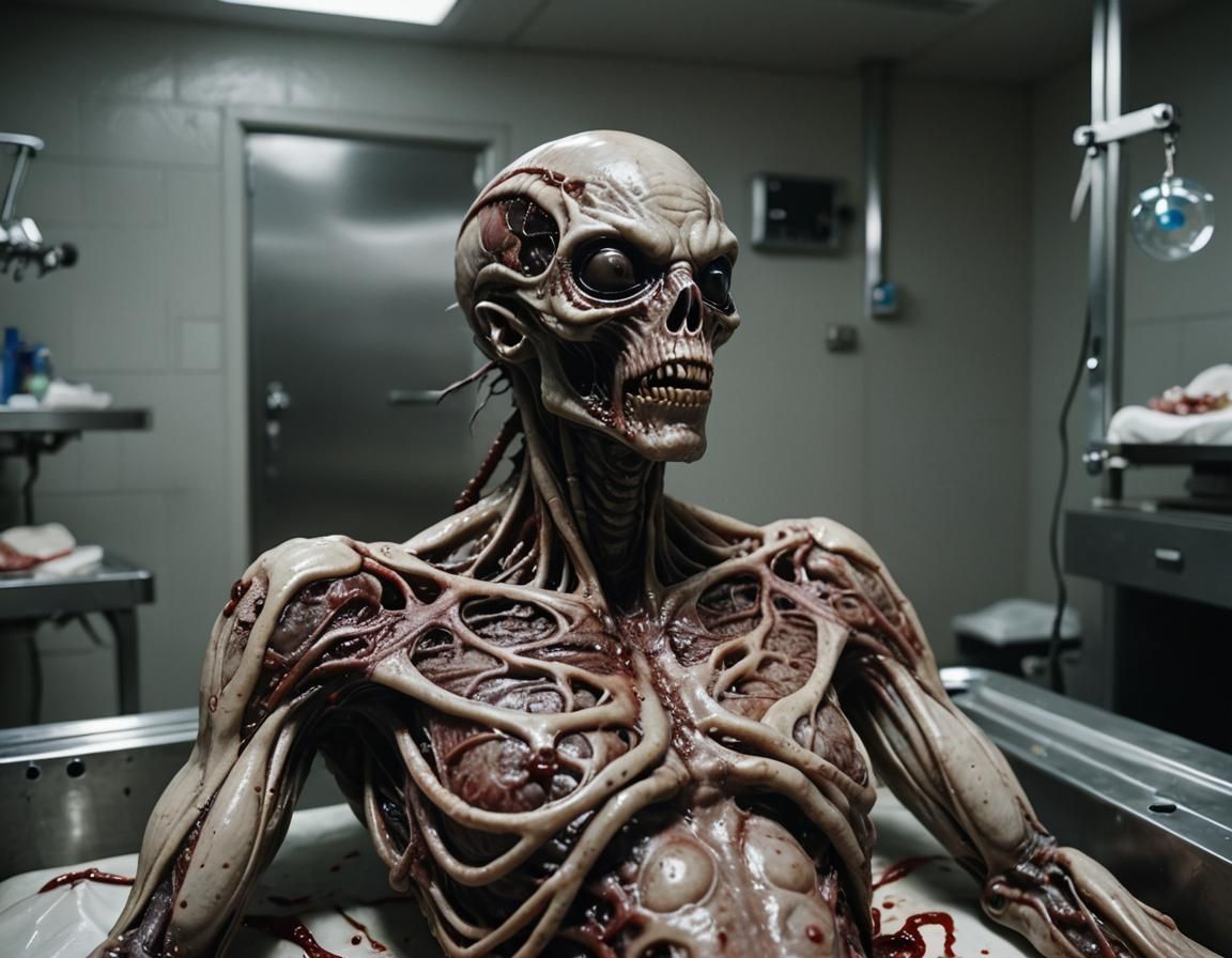 Surreal, Low-Angle Shot of Alien Morgue Dissection in Cinema...