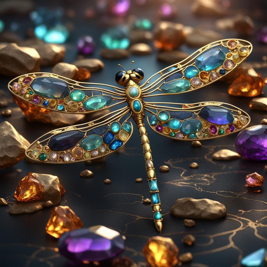 Gemstone and Gold Dragonfly Fantasy Art