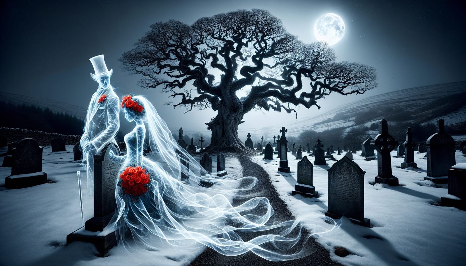 Ethereal Ghost Bride and Groom in Graveyard