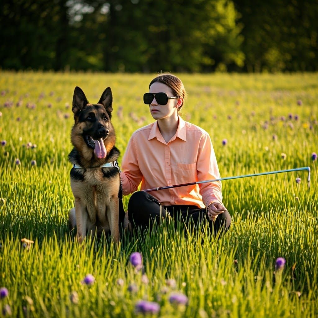 Guide Dog and Owner in Sunlit Meadow