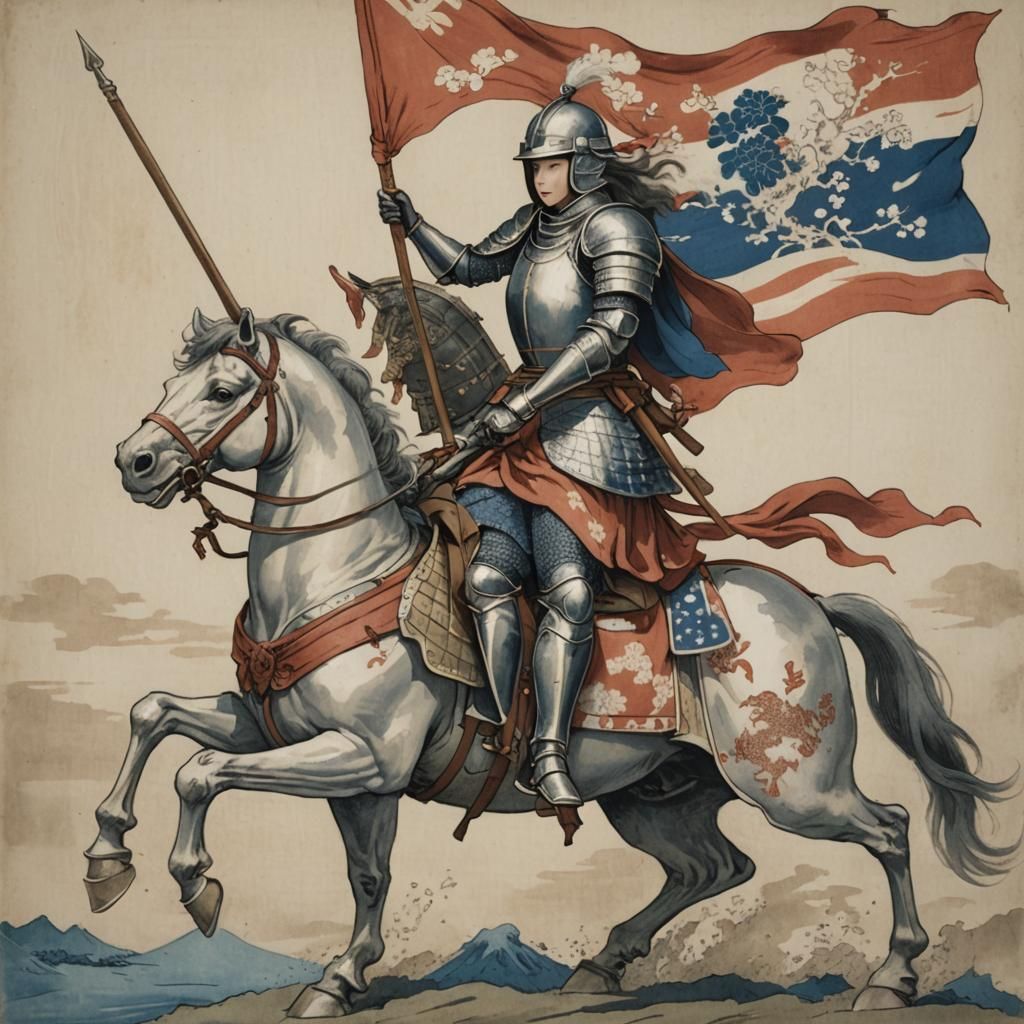 Female Knight Rides to Battle in Hokusai Style