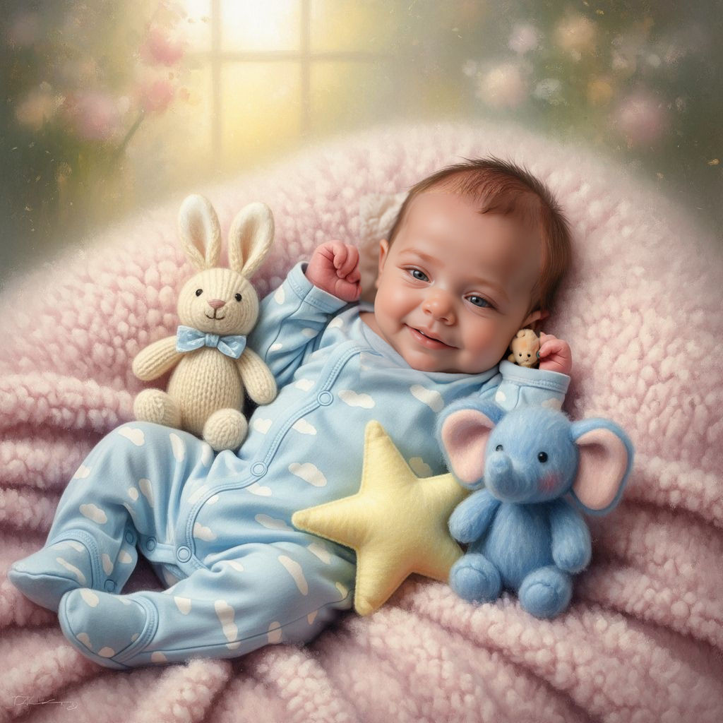 Newborn Baby Smiling Peacefully with Toys