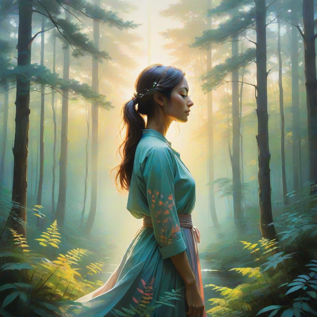 Double Exposure: Meditative Woman in Sunrise Forest