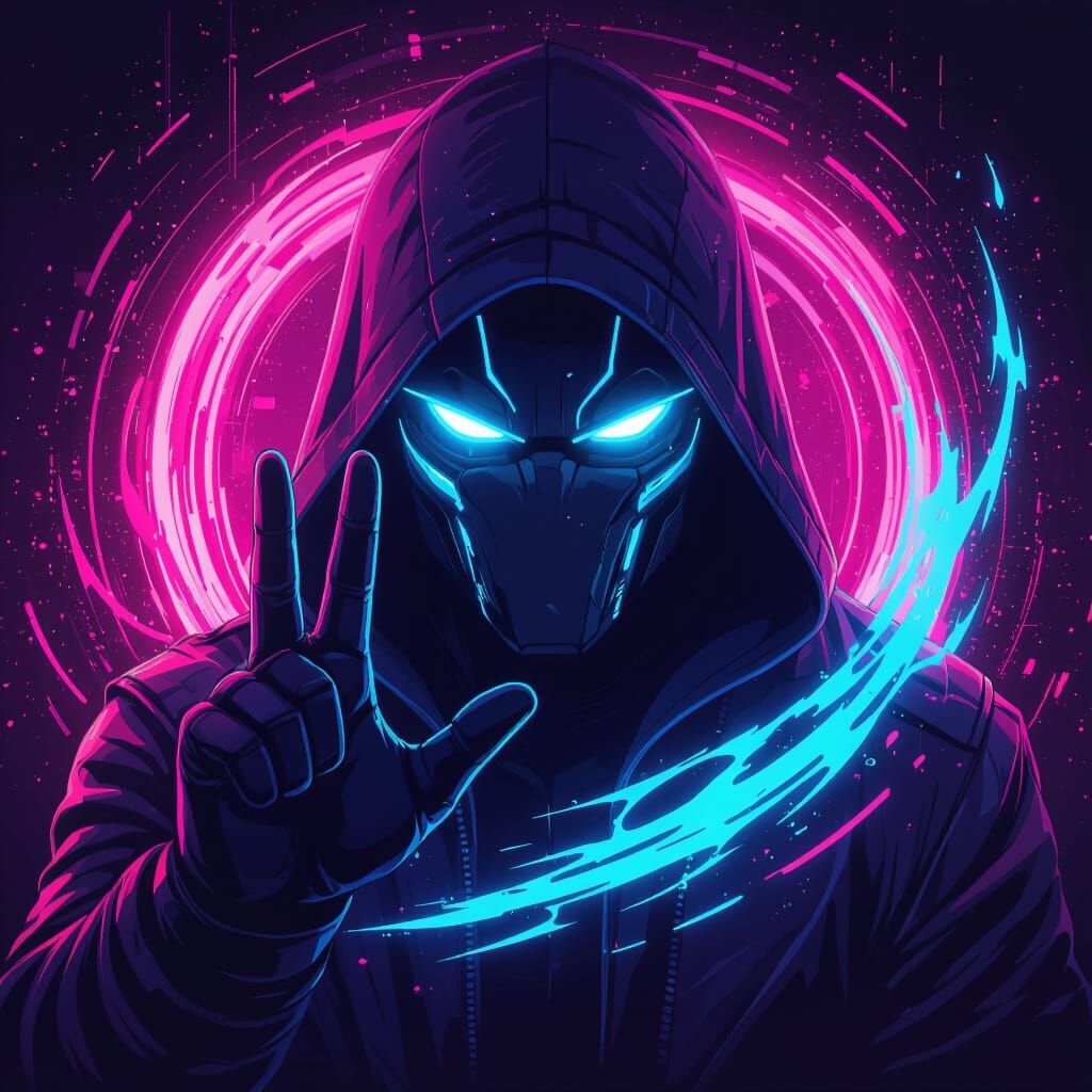 Cyberpunk Hooded Figure with Neon Eyes and Energy Swirl