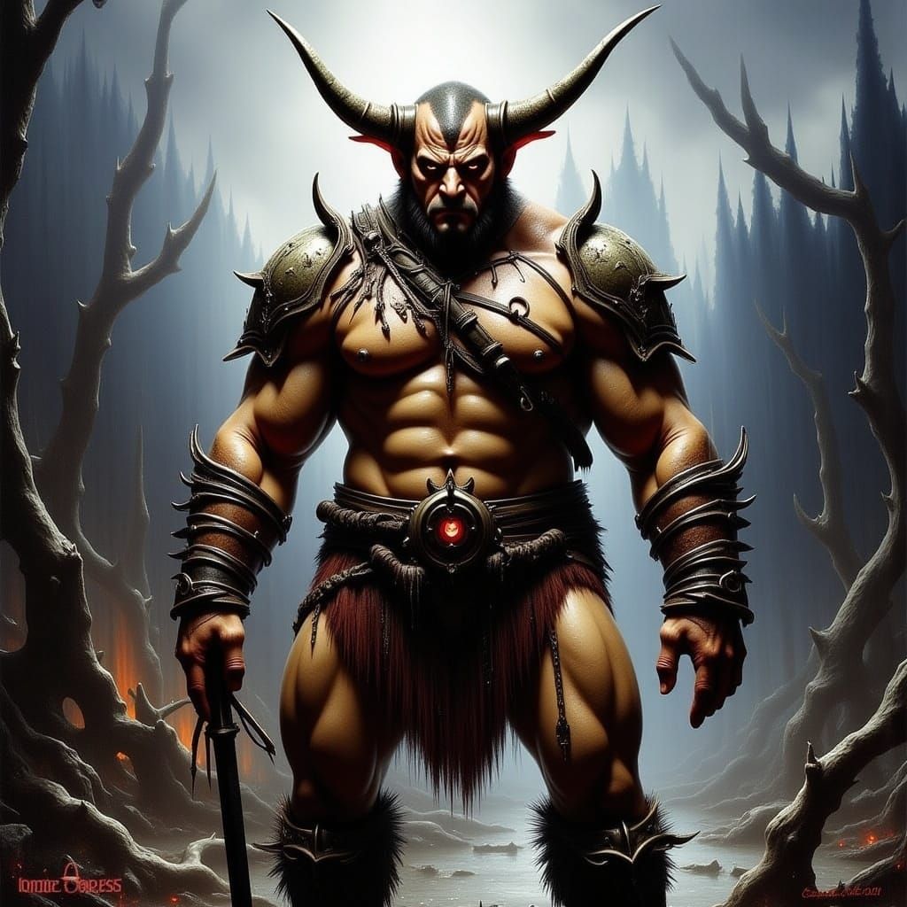 Imposing Orc Warrior in Dark Fantasy Landscape