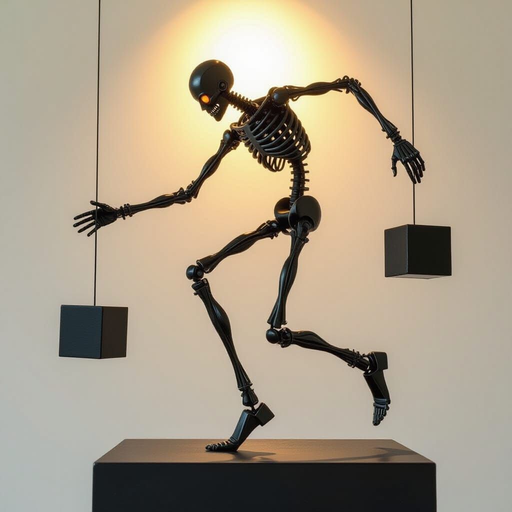 Dynamic Metal Wire Figure Climbing to Distant Cubes