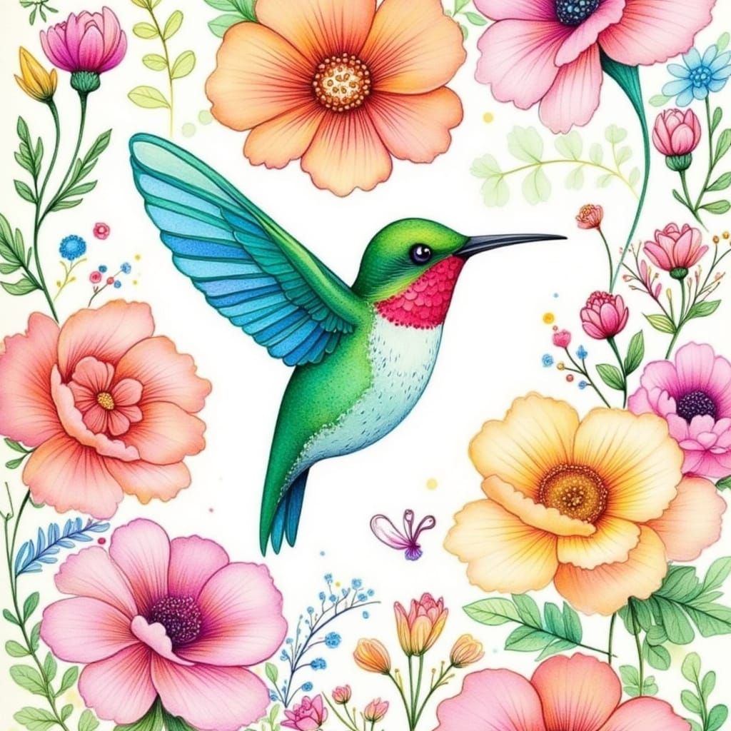 Hummingbird in Flight with Watercolor and Dreamy Brushwork