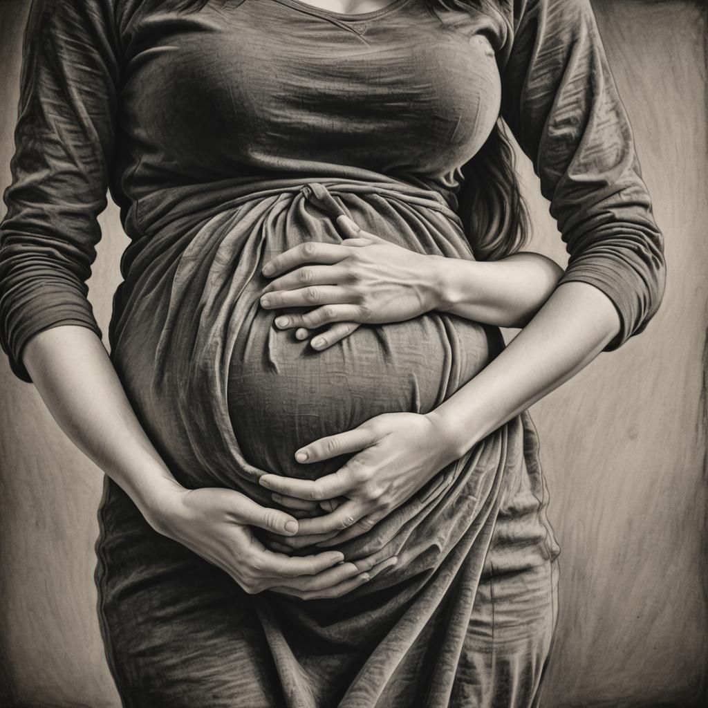 Hyperrealistic Charcoal Drawing of Pregnant Woman