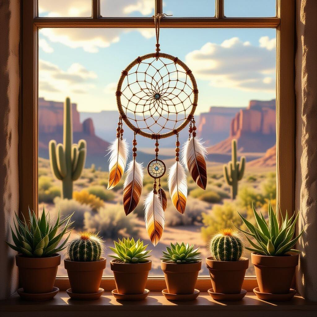 Dreamcatcher in Desert Window: Hyperrealistic Digital Art