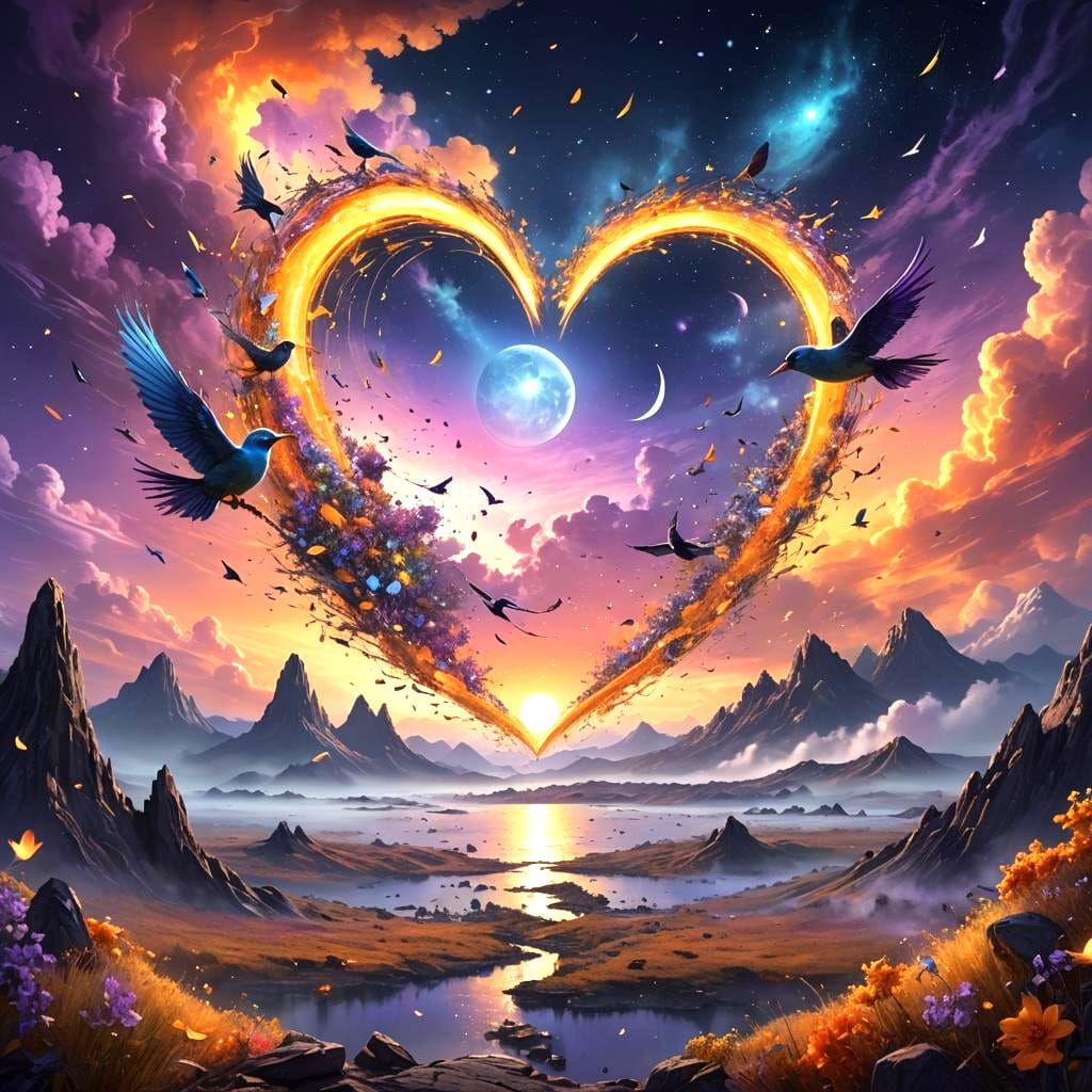 Birds Form Heart Shape in Moonlit Sky