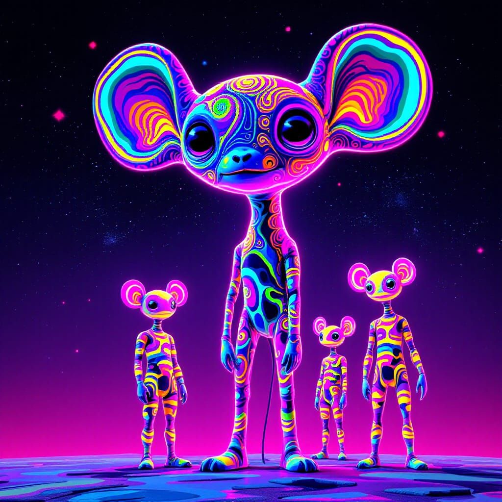 Neon Creature with Androids in Psychedelic Digital Art