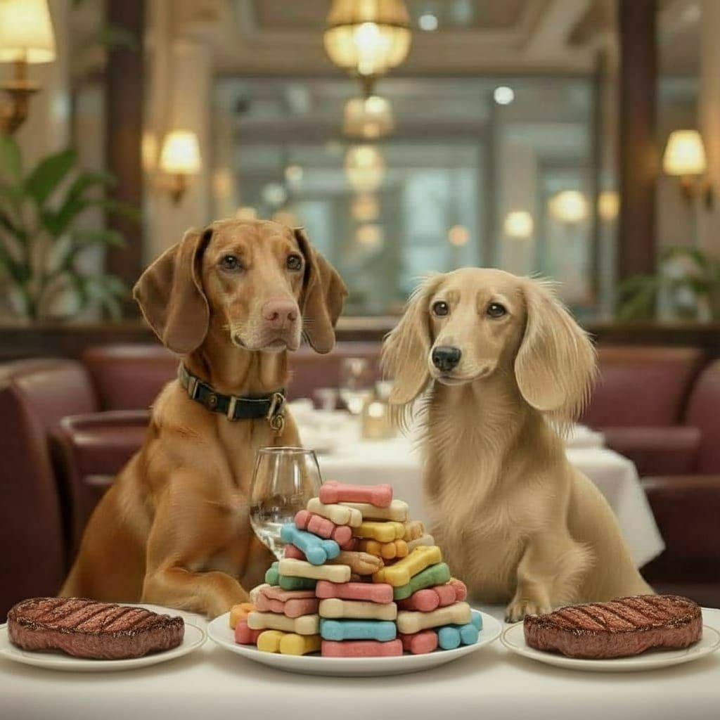 Two Blonde Dogs Dine at a Restaurant
