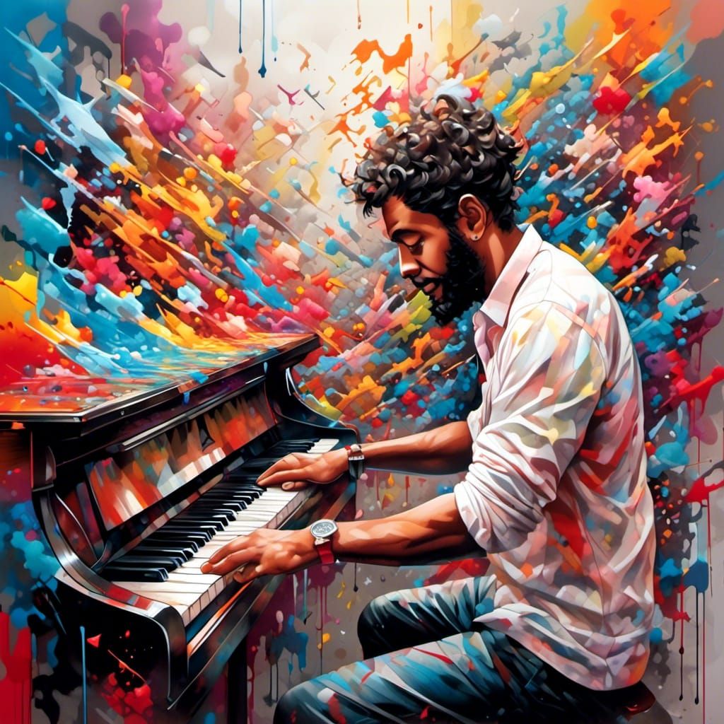 Happy Pepe Dancing at Piano, Graffiti Art Style