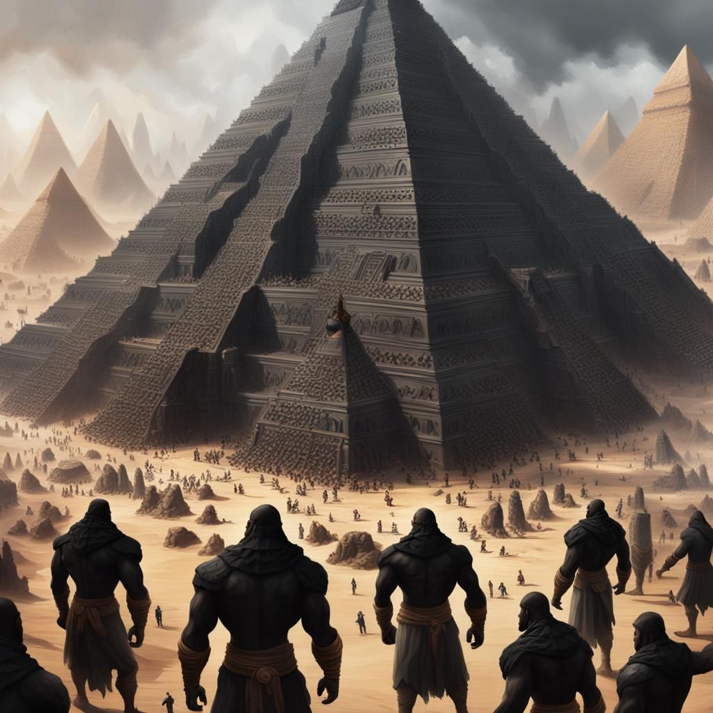Colossal Giants Build Pyramids: An Oil Painting