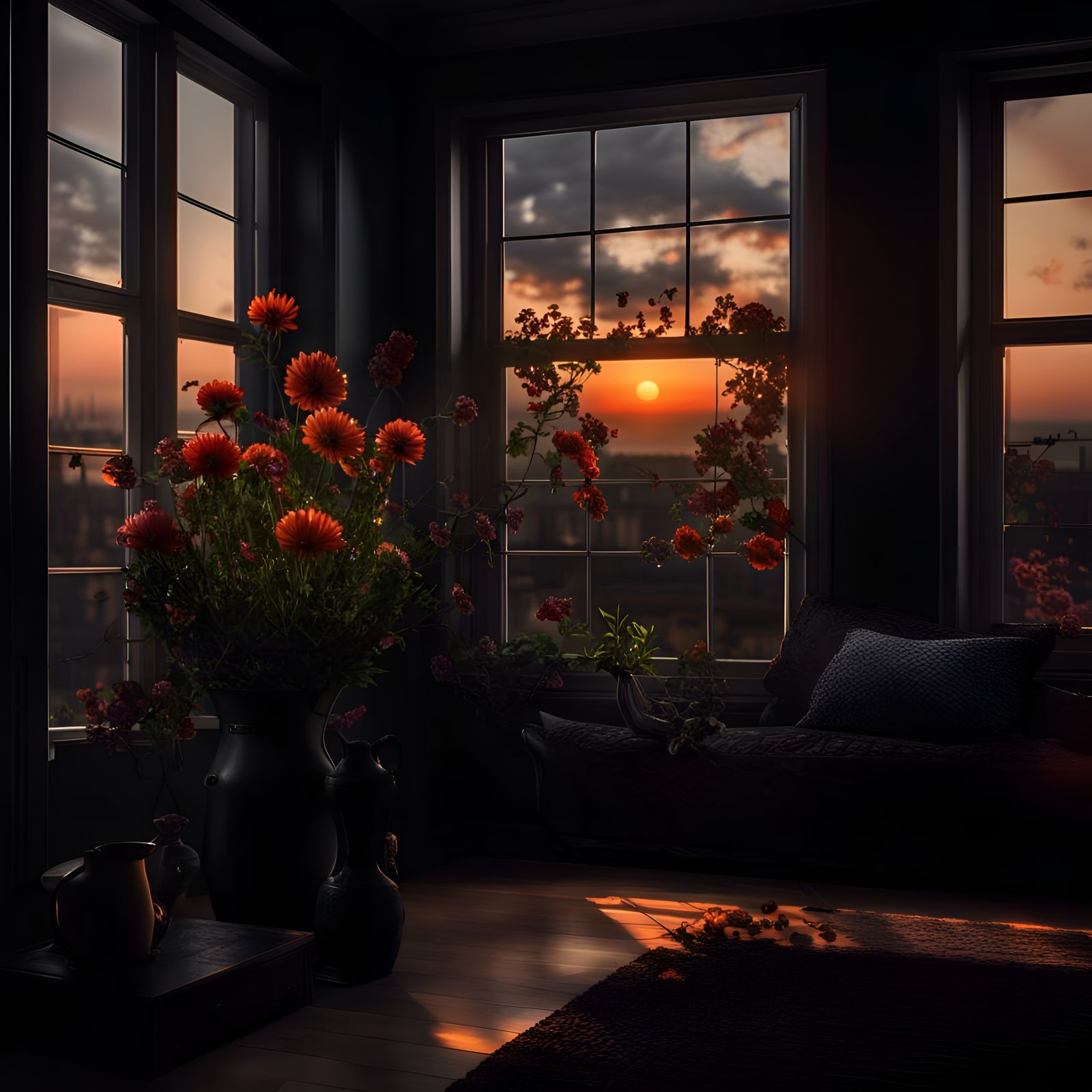 Hyperrealistic Cozy Room at Sunset with Flowers