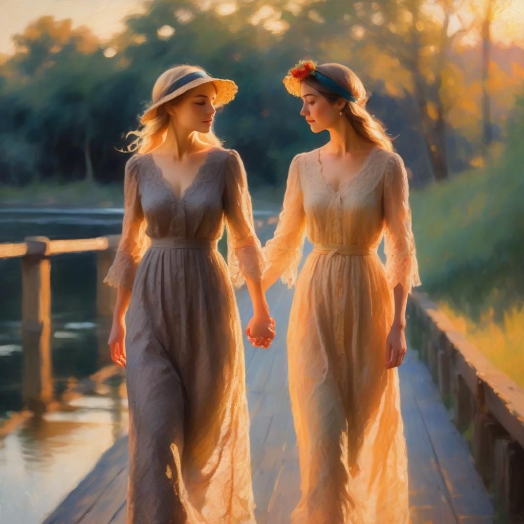 Impressionist Women Strolling Across Bridge at Golden Hour
