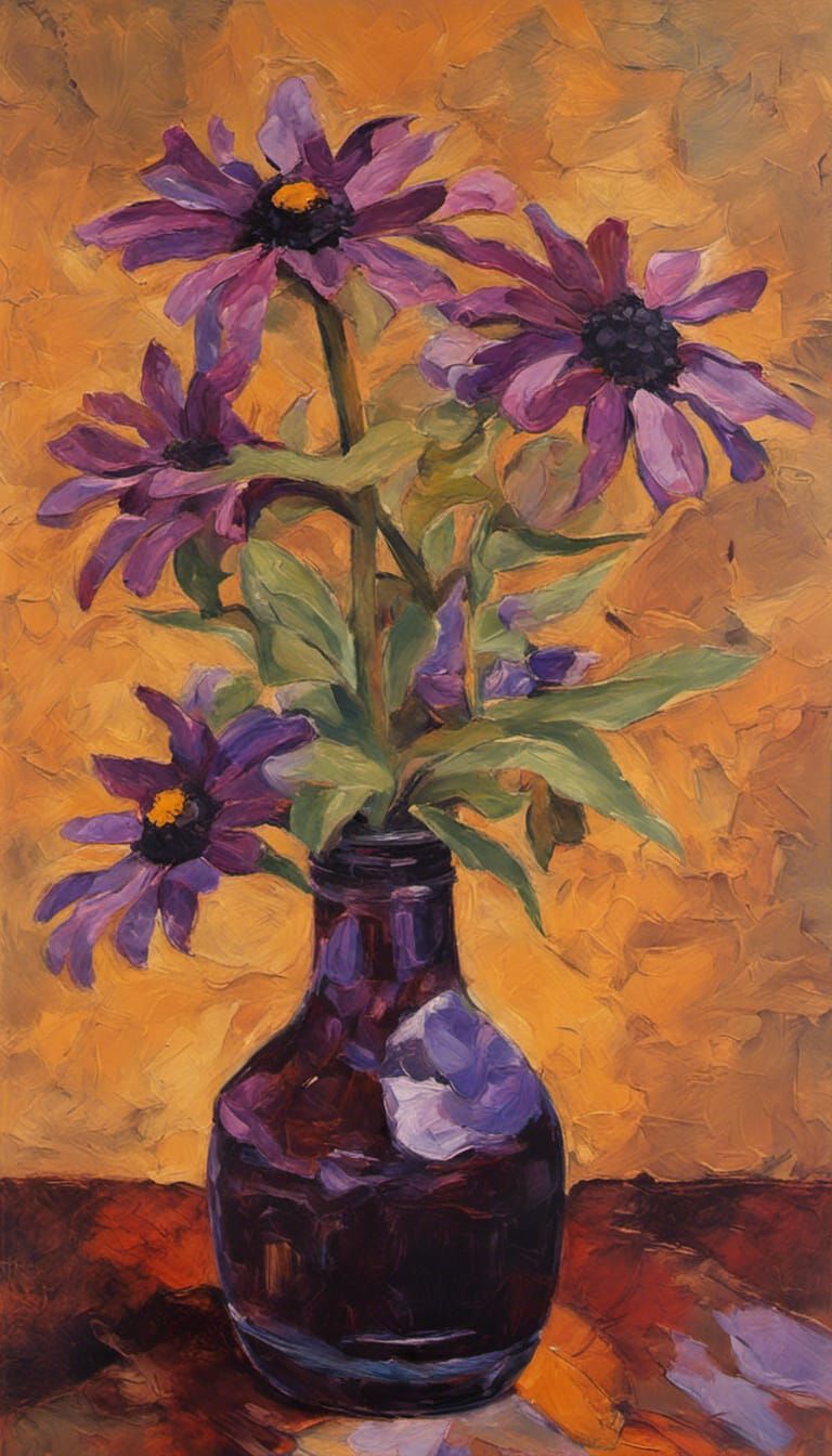 black eyed Susan  in brownish red glass vase  :: walnut table still life  :: brown purple parchment Paper background :: ...