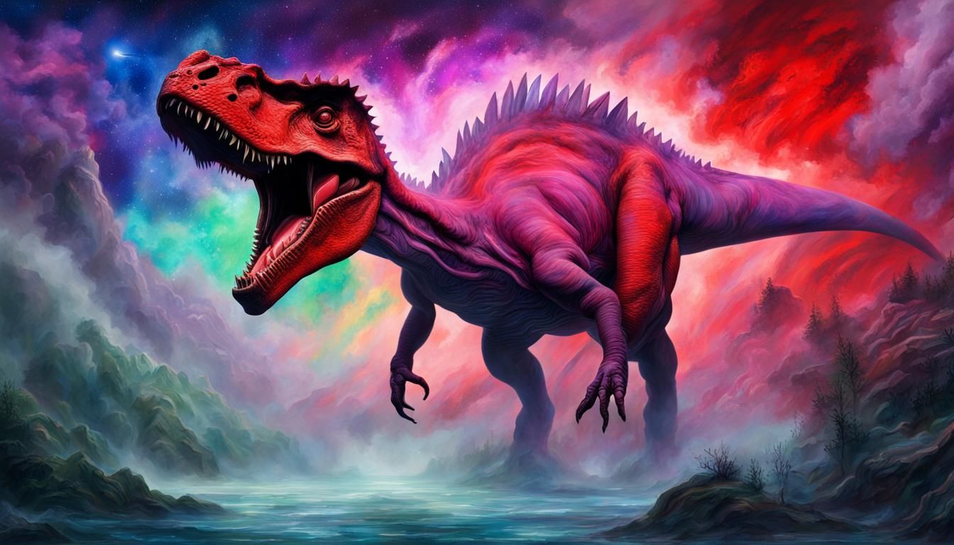 Dinosaurs Tamed on Ark in Colorful Nebula
