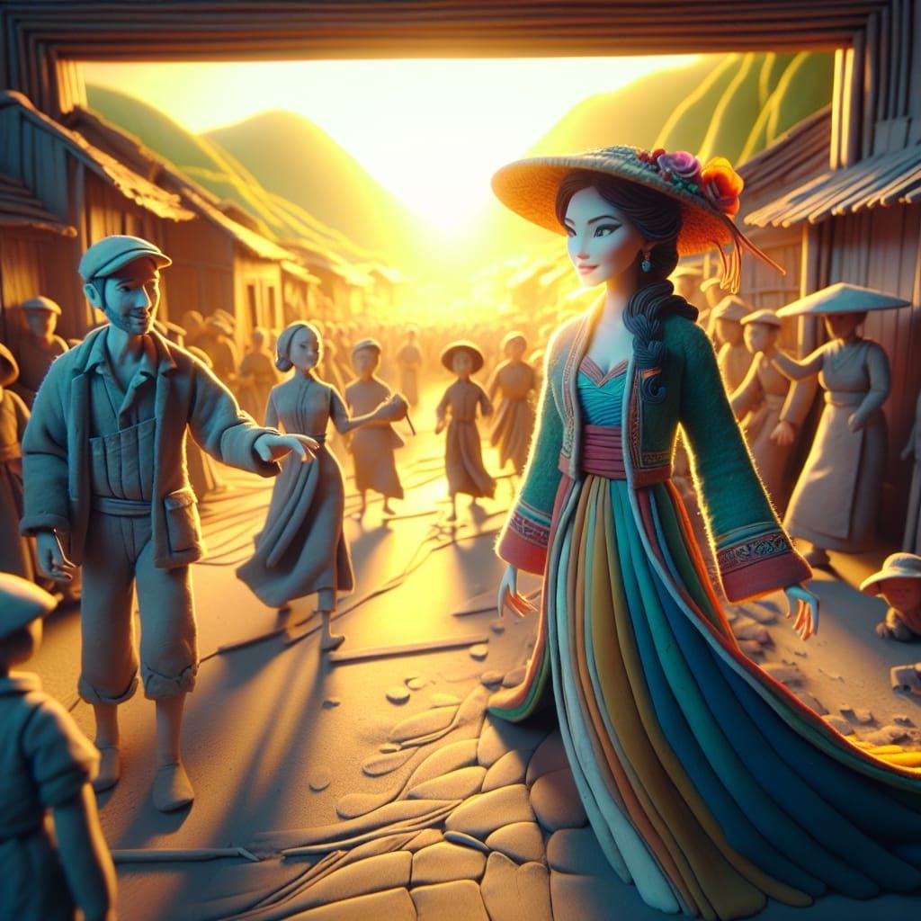 Woman in Traditional Dress Walks Through Village with Guard