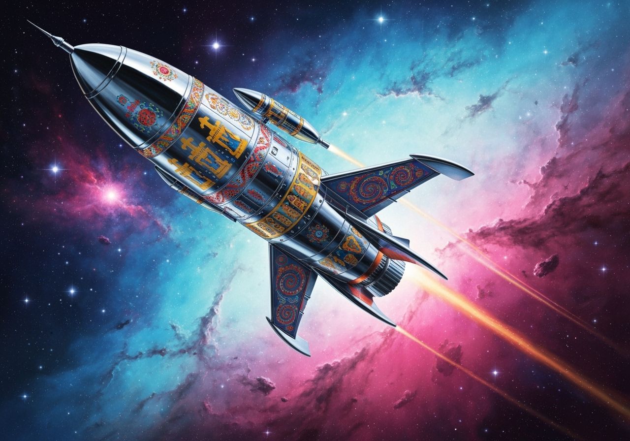 Ukrainian Rocket Soars Through Nebula in Retro-Futuristic Ar...