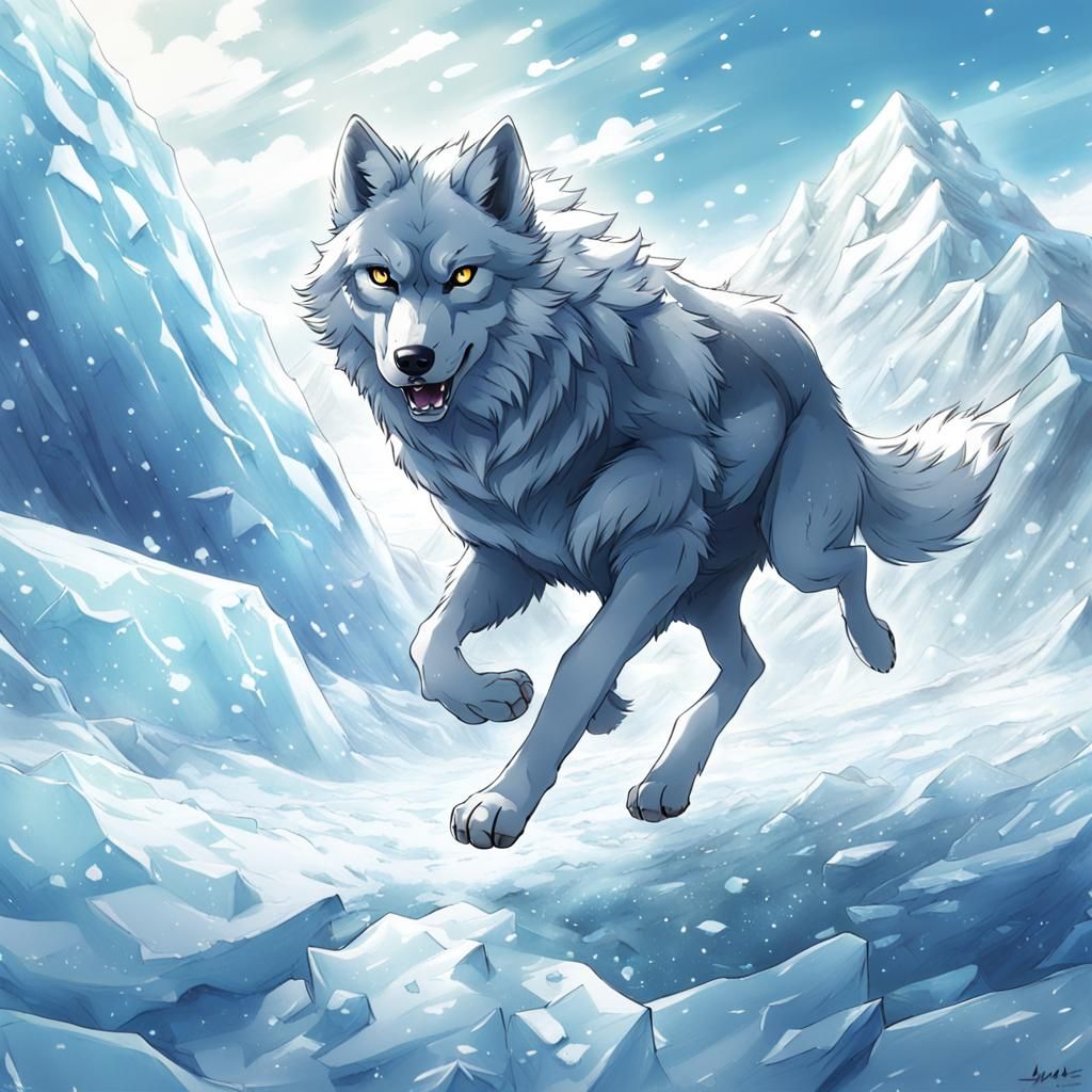 Icy Wolf Running on Glacier in Anime Style
