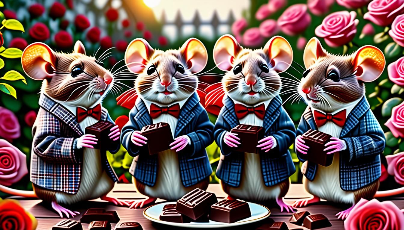 Three Blind Mice Enjoying Chocolate in Rose Garden