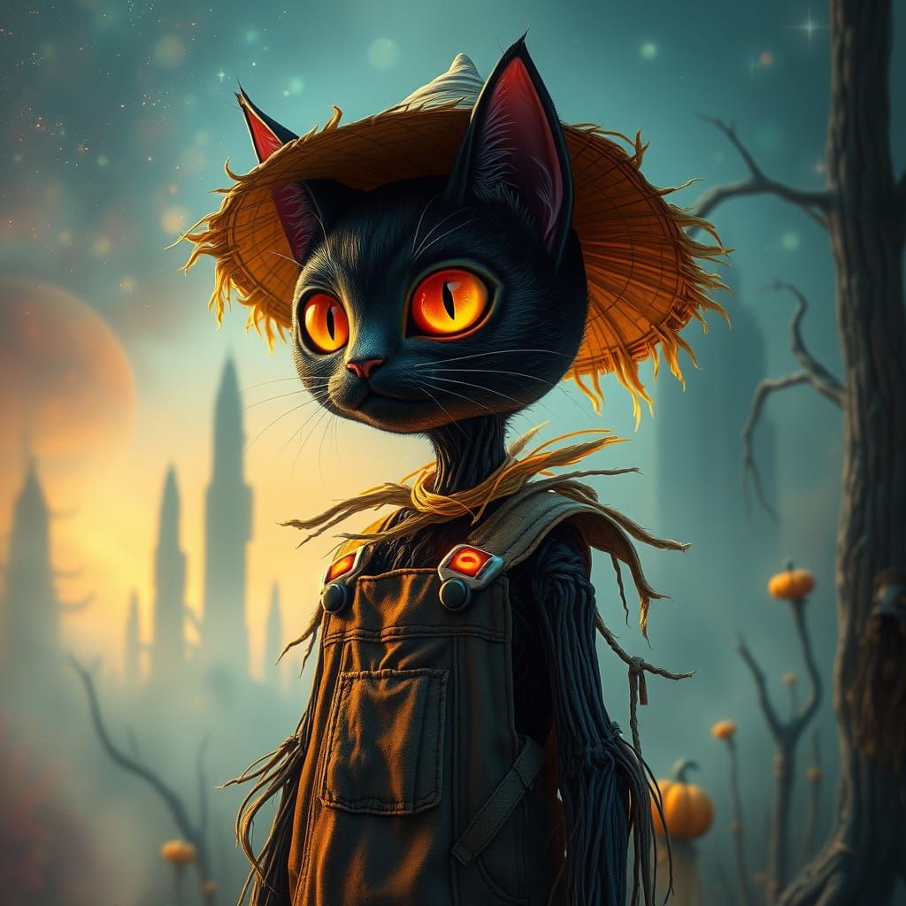 Eerie Cat Scarecrow in Foggy Landscape