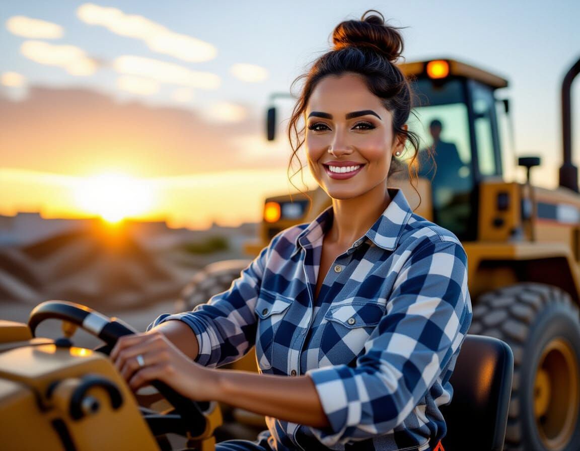 Egyptian Woman Drives Bulldozer at Sunset in Oil Paint Style