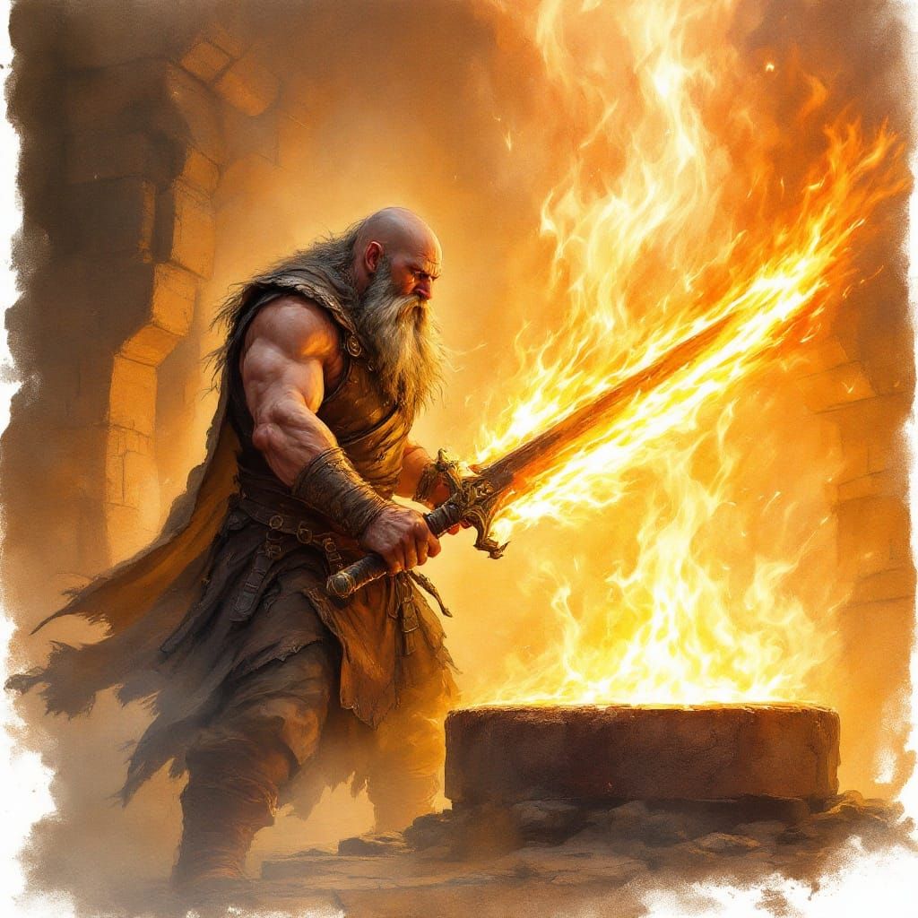 Dwarven Blacksmith Wields Flaming Sword in Divine Forge