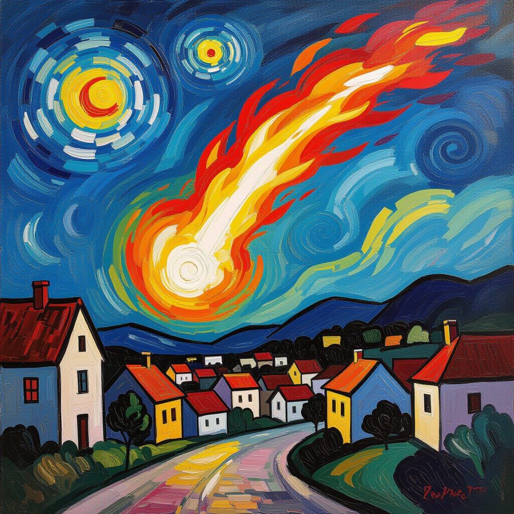 Fiery Comet Descends on Town: Neo-Impressionist Style