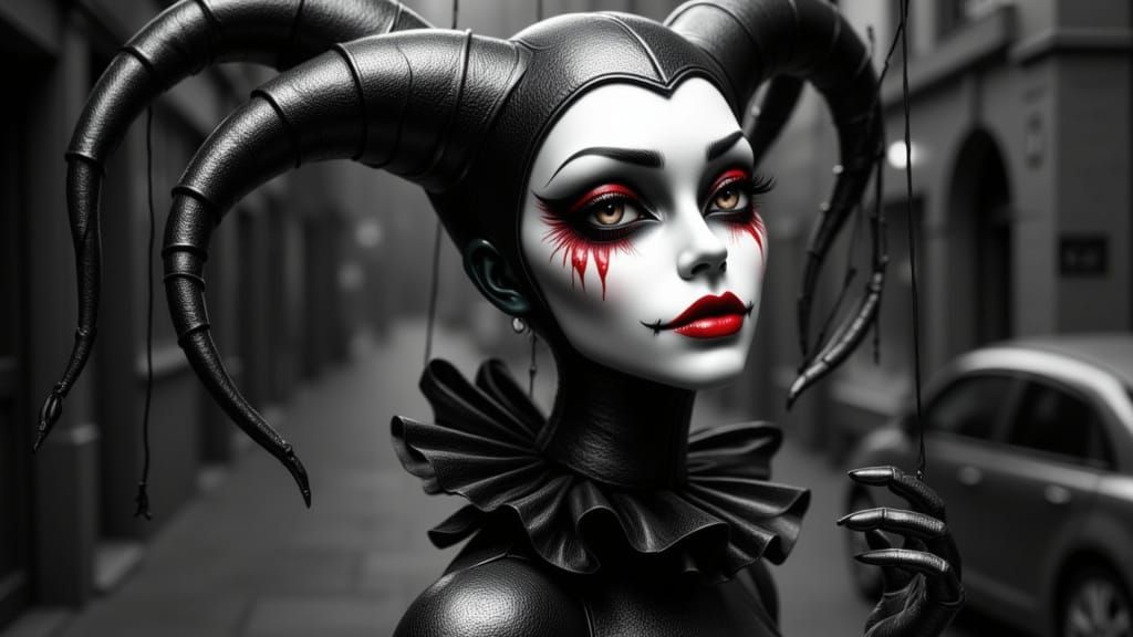 Whimsical Jester Ballerina Puppet with Red Tear