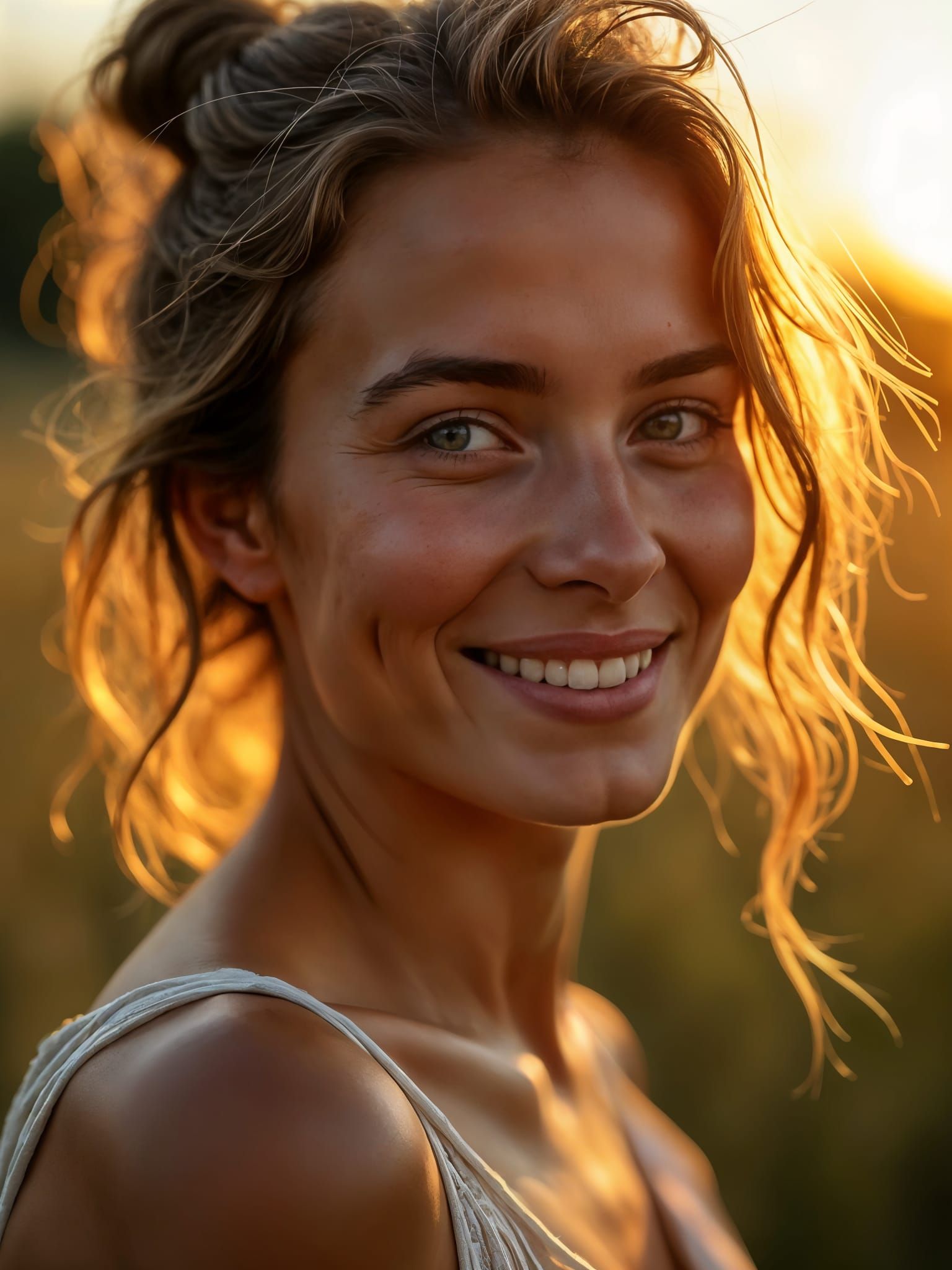 Golden Hour Portrait with Warm Lighting and Soft Skin