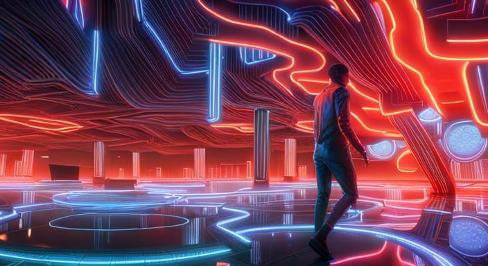 Cyber Human in Neon Cyberspace Pool