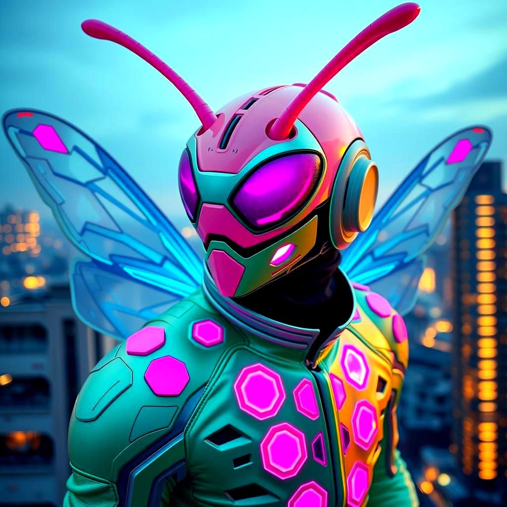 Wasp Assassin in a Cyberpunk Cityscape