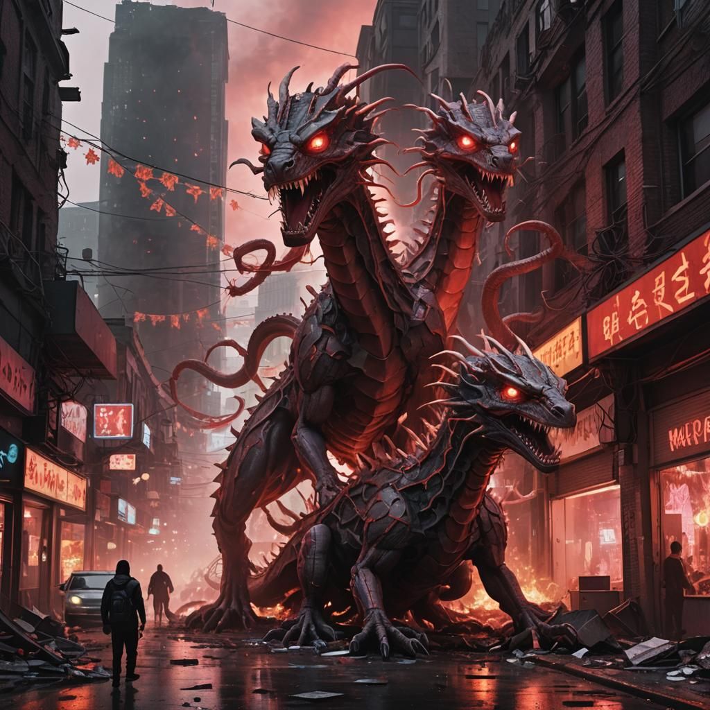 Hydra in Dystopian Metropolis: Digital Art