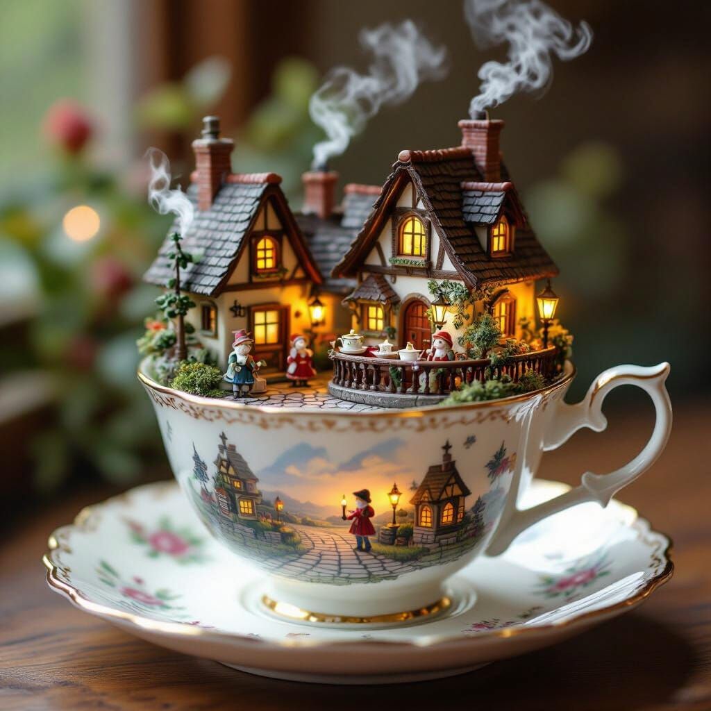 Miniature Village in Teacup, Fantasy Illustration