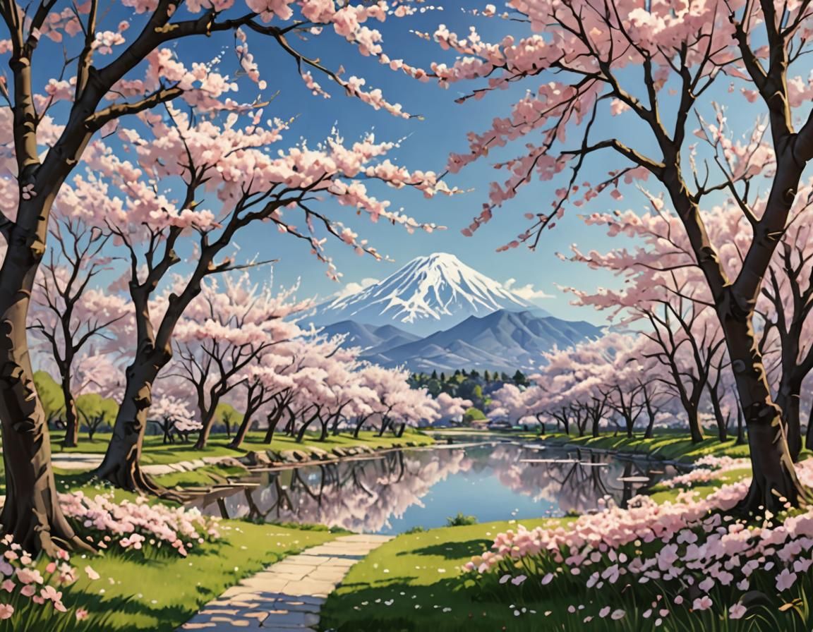 Cherry Trees in Bloom: A Serene Landscape